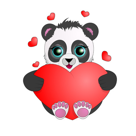 Panda with big eyes holding a heart.のイラスト素材
