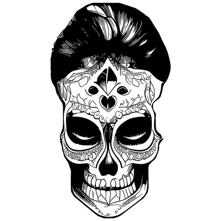 black and white feminine sugar skull tattoo hand drawn vector black and white clip artのイラスト素材
