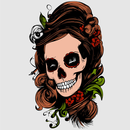 colorful feminine sugar skull tattoo hand drawn vector colored clip artのイラスト素材