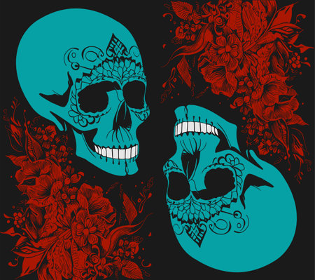female sugar skull designs hand drawn vector colored clip artのイラスト素材