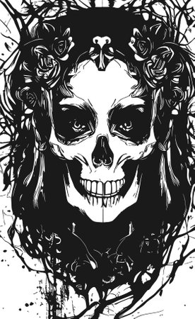 female skull front hand drawn vector black and white clip artのイラスト素材