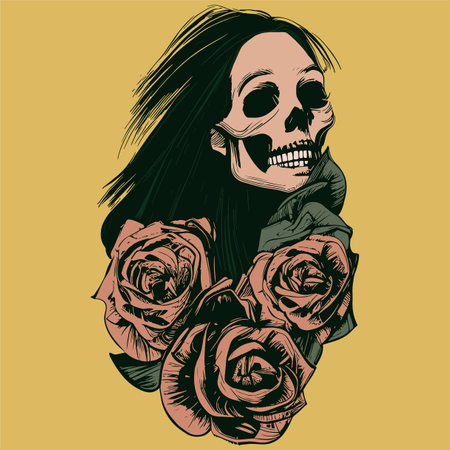 female skull and flower tattoo hand drawn vector colored clip artのイラスト素材