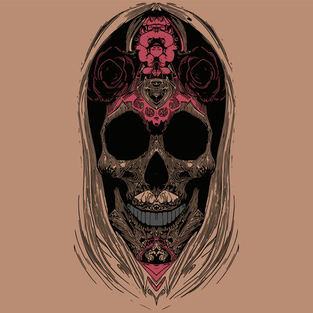 feminine sugar skull girl tattoo hand drawn vector colored clip artのイラスト素材