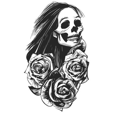 feminine skull with roses hand drawn vector black and white clip artのイラスト素材