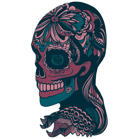 colorful female sugar skull hand drawn vector colored clip artのイラスト素材