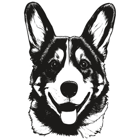 Cute corgi cartoon image, hand drawn vector portrait ,black and white drawing of dogのイラスト素材