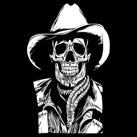 cowboy skulls hand drawing, skeleton skull with cowboy hat black and white line artのイラスト素材