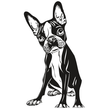 Boston Terrier dog hand drawn line art vector drawing black and white logo pets illustrationのイラスト素材