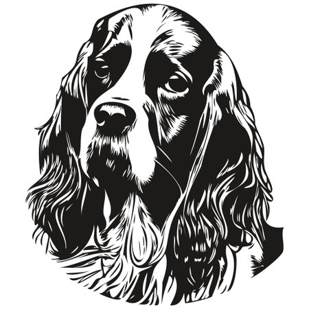 Spaniel English Springer dog hand drawn illustration, black and white vector pets logo line artのイラスト素材