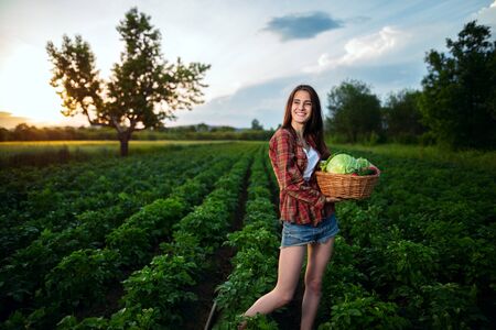 A young woman holding a basket of freshly harvested vegetables in her vegetable gardenの写真素材