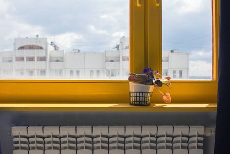 Window with window sill and landscape, interior with window on a Sunny dayの写真素材