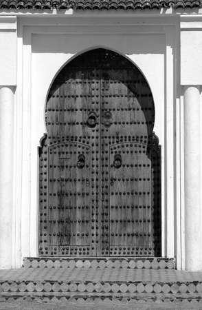 The traditional and handcrafted door in Morocco in black and whiteの写真素材