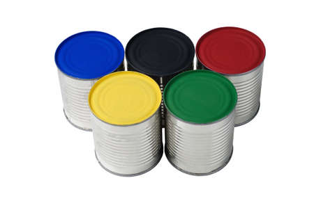 Five painted colorful cans isolated on a white background.の写真素材