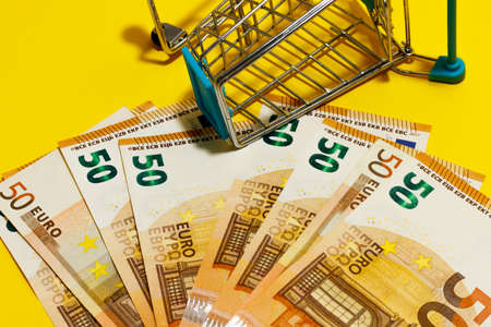 Euros banknotes in a supermarket cart on yellow background. online shopping concept.Small budget conceptの写真素材