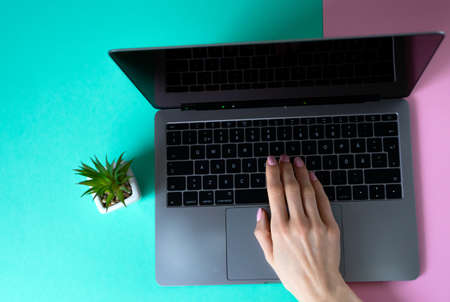 Female hand working on modern laptop. Young girl typing on keyboard at indoor workplace. Close up...