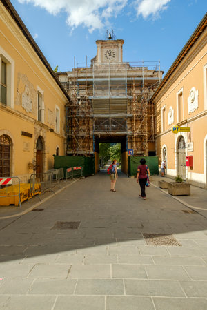 Reconstruction of buildings in Norcia after the 2016 earthquake, Umbria, Italyの写真素材