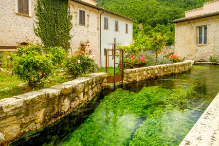 The village of Rasiglia, also called the Venice of Umbria, Foligno, Umbria, Italyの写真素材