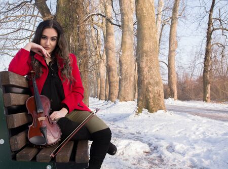 Young girl posing with a violinの写真素材