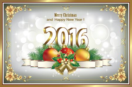 Christmas Card 2016 Golden floral frameのイラスト素材