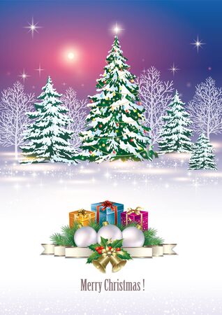 Christmas tree and gift boxes in the background of a winter landscapeのイラスト素材