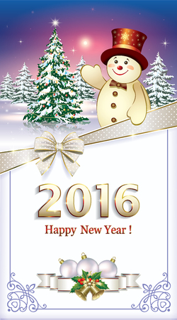 Happy New Year with Christmas tree and snowman on nature backgroundのイラスト素材