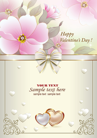 Postcard to Valentine's Day with pink flowers and hearts decorated with bowのイラスト素材