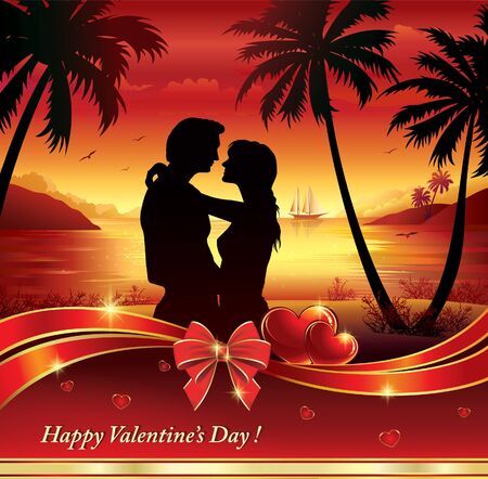 Young couple in silhouette, romance evening in the background of natural landscapeのイラスト素材