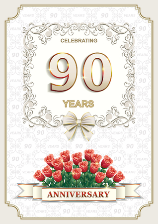 Anniversary card with roses 90 years in a frame on the background of the ornamentのイラスト素材