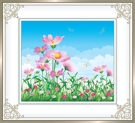 Happy Birthday. Postcard with flowers in a frame with an ornamentのイラスト素材
