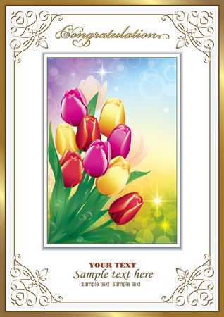 Happy Birthday. Greeting card with a bouquet of tulipsのイラスト素材