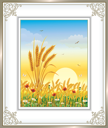 Natural landscape. wheat field with poppies and daisies at dawnのイラスト素材