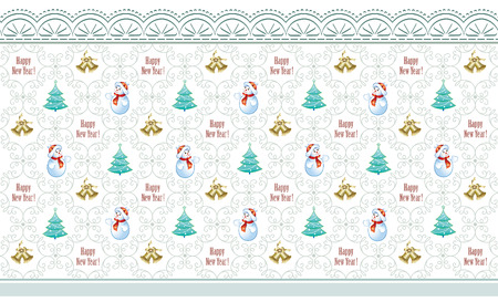 Christmas card with a Christmas tree with snowman and bells on the background of the ornamentのイラスト素材