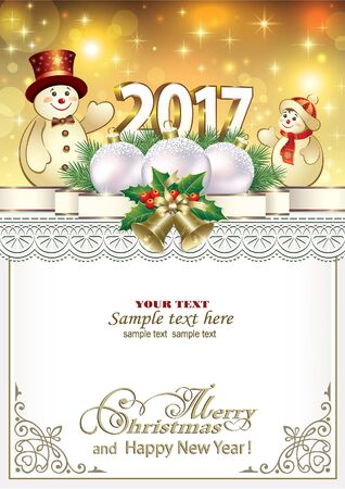Postcard Happy New Year 2017 with a snowman and ball with bells in a frame with an ornamentのイラスト素材