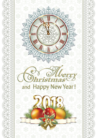Happy New Year 18 With Clock And Balls With Bells On The Background Of Ornaments のイラスト素材 ストックフォト 写真素材のstock Foto ストックドットフォト
