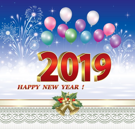 Happy New Year 2019. Banner with fireworks on the blue background with fireworksのイラスト素材