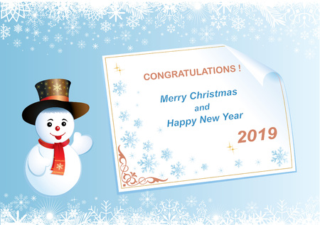 Happy New Year 2019. Greeting card with a snowman on a background with snowflakesのイラスト素材
