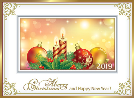 Merry Christmas and New Year 2019. spruce and rowanberry.Vector illustrationのイラスト素材