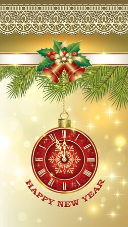 Postcard Happy New Year 2020 with clock and bells on glowing background with fir branches and patternのイラスト素材