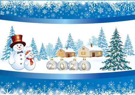2020 Happy New Year greeting card with Christmas tree, snowman, winter landscape is decorated with pattern with snowflakesのイラスト素材