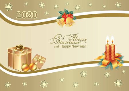 Happy New Year 2020. Christmas background with gift boxes, balls, bells and burning candles on beige background with snowflakes. Vector illustrationのイラスト素材
