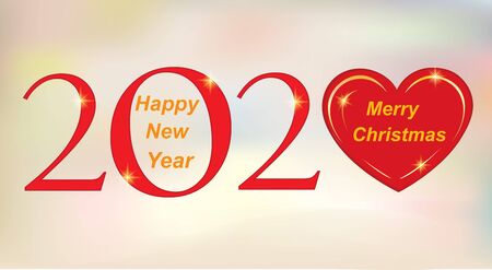 Merry Christmas and Happy New Year 2020. Vector design Christmas card with date and heart on gentle...