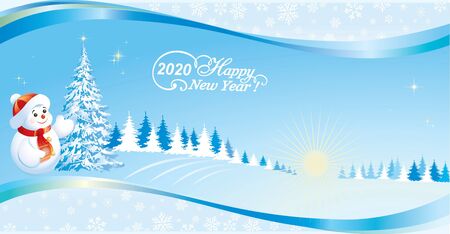 Happy New Year 2020. Christmas tree and snowman on background of nature with a wavy pattern and snowflakes. Vector illustrationのイラスト素材