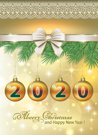 Happy New Year 2020. Festive glowing background with balls on spruce branches decorated ribbon with bow. Vector illustrationのイラスト素材