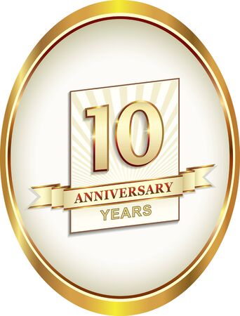 10th years anniversary. Greeting card with date in gold oval on background of sun raysのイラスト素材