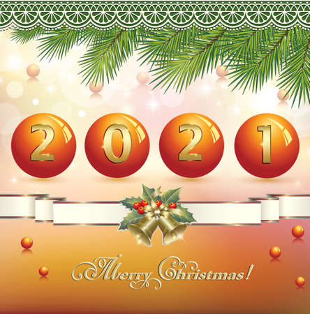 Merry Christmas and Happy New Year 2021 christmas card with spruce branches and date on original balls. Glowing background with ribbon and bells.のイラスト素材