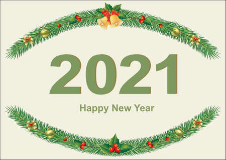 Happy New Year 2021. Holiday background with date decorated with spruce branches and Christmas decorations. Vector illustrationのイラスト素材