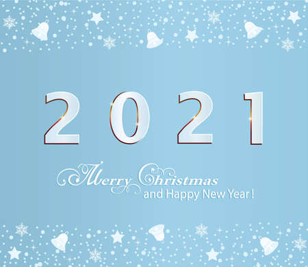 Happy New Year 2021. Christmas card with numbers 2021 on a blue background with elements of holiday decorations. Vector illustration.のイラスト素材