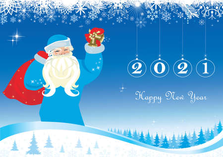Happy New Year 2021. Holiday background with Santa Claus on a blue background with snowflakes and winter landscape. Vector illustrationのイラスト素材