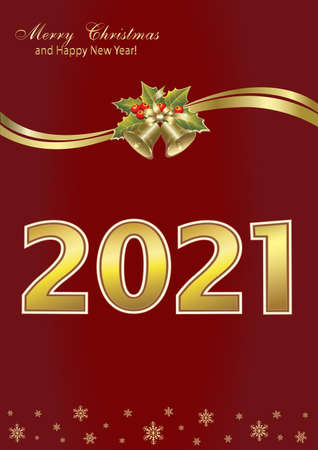 Merry Christmas and Happy New Year 2021. Christmas background with 2021 gold numbers decorated with ribbon and bells. Vector illustrationのイラスト素材