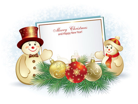 Happy New Year. Greeting card with snowmen on the background of the poster and snowflakes. Christmas decoration. Vector illustrationのイラスト素材
